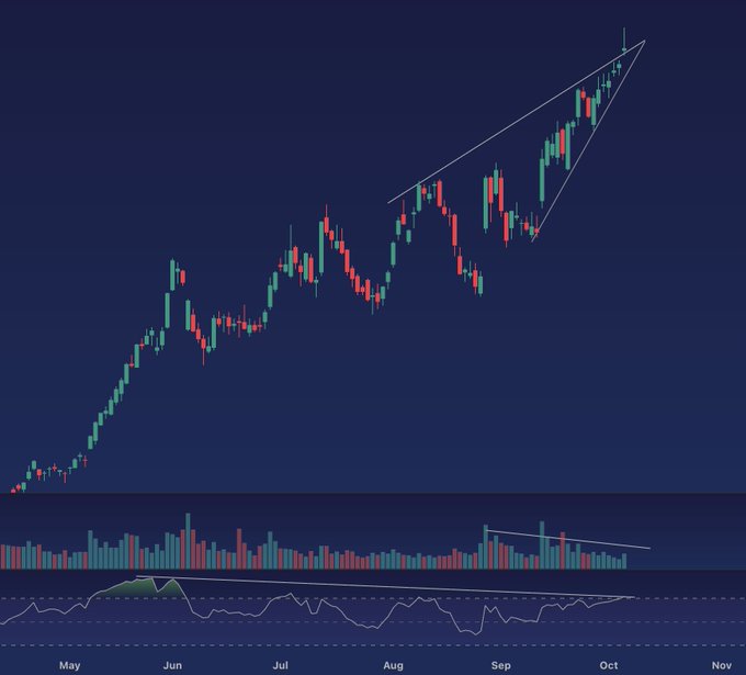 A candlestick chart from May to November showing a sharp uptrend in $CRWD that culminates in a steep ascending wedge pattern, accompanied by declining volume and bearish RSI divergence at the October peak—classic topping signals. The chart visually supports the post's claim of an imminent bearish reversal in Crowdstrike ($CRWD) stock.