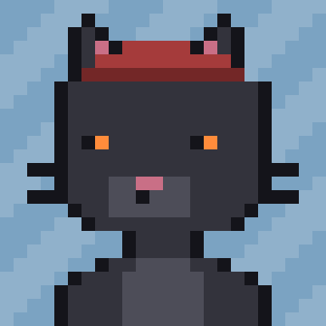 A pixel art character depicting a dark gray cat-like figure with orange eyes and a red hat or headband, set against a blue patterned background.