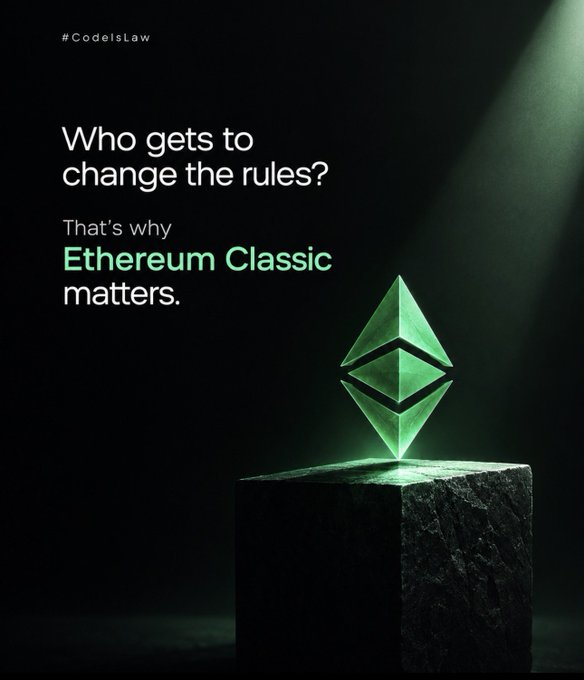 An Ethereum Classic promotional graphic with the text 'Who gets to change the rules? That's why Ethereum Classic matters.' and the glowing Ethereum logo on a pedestal.