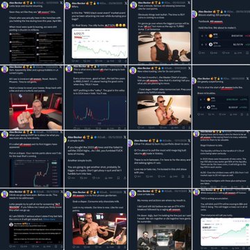 A grid of social media posts from 'The Goon Reviewer' discussing BlackRock's IBIT, Bitcoin price predictions, Coinbase, and meme coins, featuring charts and screenshots of crypto trading positions.