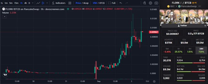 A TradingView chart of the FLORK/BTC pair on PancakeSwap displays a candlestick price graph with a recent price of 0.000067 and a DexScreener panel showing 24h volume of $9.3M.