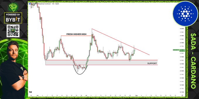 A TradingView chart of ADA/Cardano is displayed with annotations marking a "FRESH HIGHER HIGH" attempt and a "SUPPORT" level where price has bounced multiple times. The chart shows a descending trendline acting as diagonal resistance, illustrating the post's point that bulls need to break this line and print a higher high to gain control.
