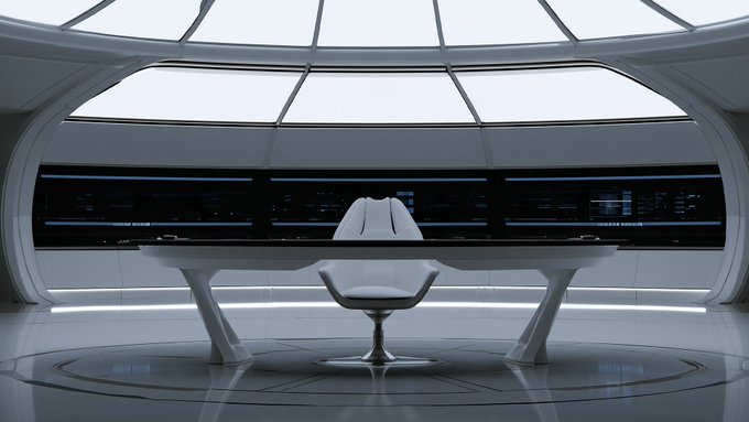 A futuristic white spaceship-style command bridge interior with a sleek chair facing panoramic windows and glowing instrument panels.