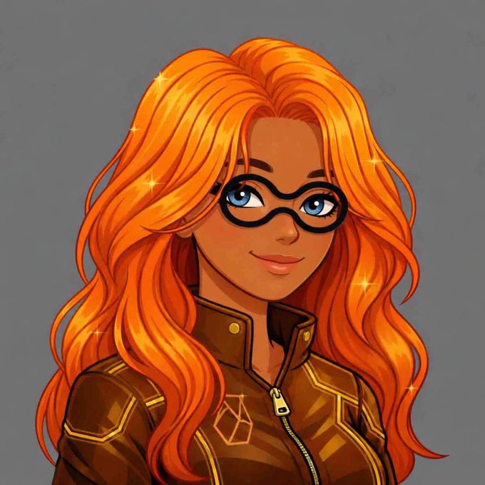 A stylized cartoon-style illustration of a young woman with flowing, vibrant orange hair, blue eyes, and black-rimmed glasses, wearing a brown tactical-style jacket with a hexagonal emblem. The image relates to the post by symbolizing a thoughtful, tech-savvy persona discussing the often-overlooked fundamentals of blockchain block creation and propagation—beyond just raw speed metrics.