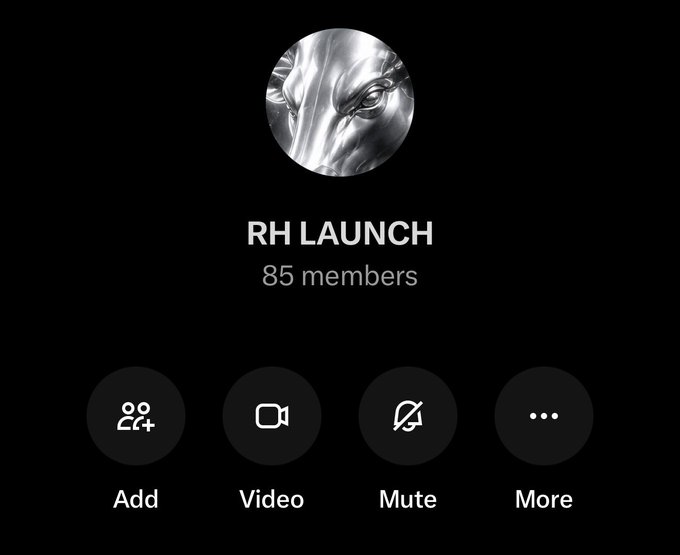 The image shows a Robinhood group chat screen titled "RH LAUNCH" with 85 members, featuring a metallic silver statue avatar and options to Add, Video, Mute, or access More. This corresponds to the post highlighting that 85 people are ready for the contract address drop of a token launching on Robinhood Crypto, demonstrating the community's anticipation and growing interest in the upcoming launch.