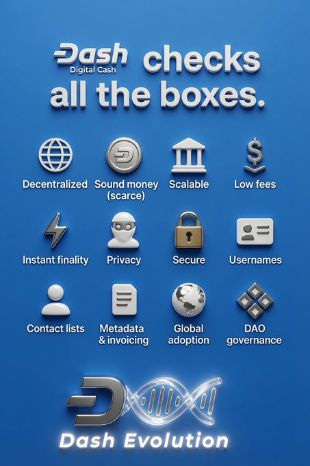 A blue promotional graphic for Dash Digital Cash stating 'checks all the boxes,' featuring icons for Decentralized, Sound money (scarce), Scalable, Low fees, Instant finality, Privacy, Secure, Usernames, Contact lists, Metadata & invoicing, Global adoption, and DAO governance, with the Dash Evolution logo at the bottom.