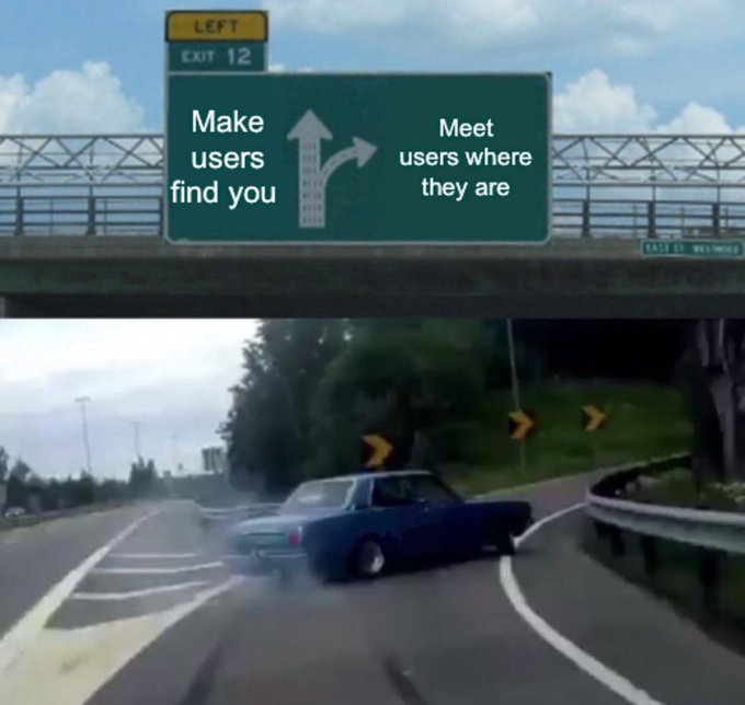 A car drifts sideways off a highway exit ramp beneath a road sign reading "LEFT EXIT 12" with arrows pointing to "Make users find you" (straight) and "Meet users where they are" (right). The image humorously illustrates the post's point about marketing strategy: instead of forcing users onto your chosen platform, businesses should pivot toward where users already spend their time, using tools like zkTLS on social data to reach new audiences.