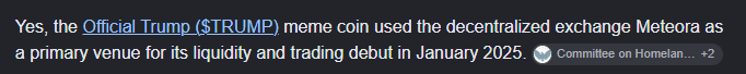 A post confirming that Official Trump ($TRUMP) meme coin launched on Meteora DEX in January 2025, contextualizing the "Meteora" reference in the caption about the TRUMP token's liquidity venue.
