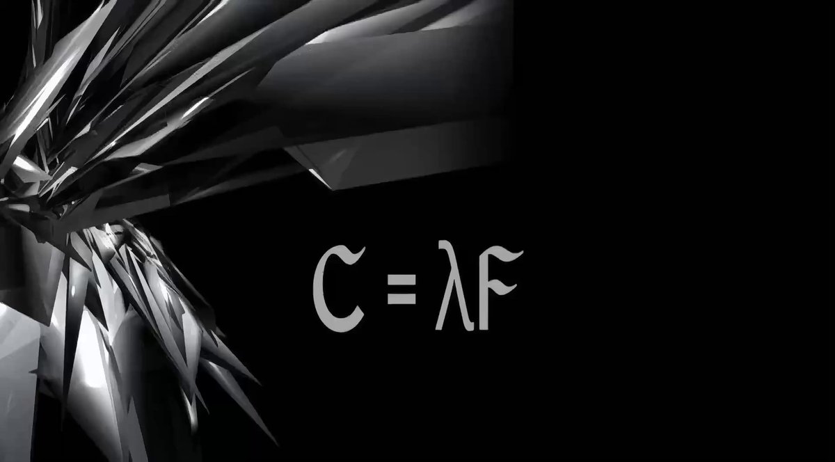 The image features a black background with white text that reads "C = af" above an image of a crystal structure, which appears to be made up of sharp, jagged edges. The text is written in a stylized font, giving it a futuristic or scientific feel.