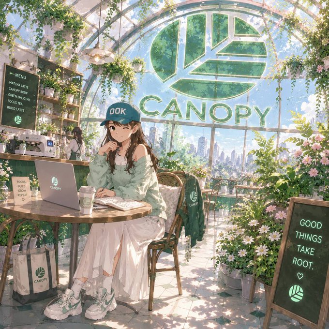 An anime-style illustration of a girl wearing an 'OOK' cap and green sweater working on a laptop inside a greenhouse-style cafe called 'CANOPY,' with a menu board listing matcha latte, canopy snow, green surprise, focus tea, and build latte.