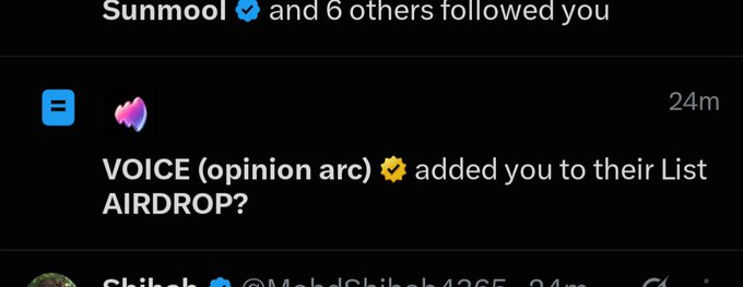 A social media notification screen showing 'Sunmool and 6 others followed you' and a message from 'VOICE (opinion arc)' that says 'added you to their List AIRDROP?'