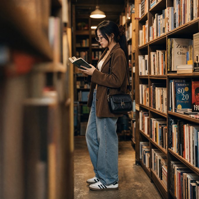 A photo of a young woman with glasses and a brown corduroy blazer standing in a library aisle, reading a book, with visible book titles like 'Zero to One' and '80/20 Principle' on the shelves beside her.