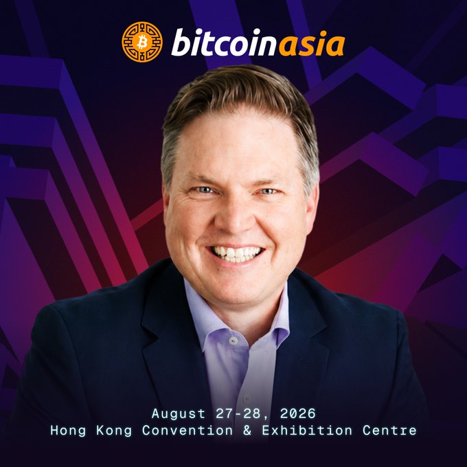Promotional graphic for Bitcoin Asia featuring a smiling man, with event details 'August 27-28, 2026' at the 'Hong Kong Convention & Exhibition Centre'.