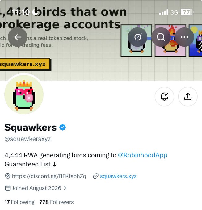 A Twitter/X profile page for "Squawkers" (@squawkersxyz), showing a pixelated bird avatar, verified badge, and bio stating "4,444 RWA generating birds coming to @RobinhoodApp Guaranteed List."