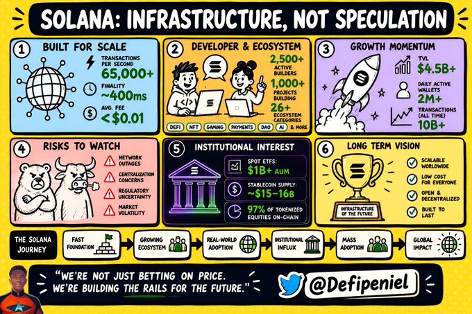 An infographic titled "SOLANA: INFRASTRUCTURE, NOT SPECULATION" by @Defipeniel, detailing six sections covering scale, developer ecosystem, growth momentum, risks, institutional interest, and long-term vision.