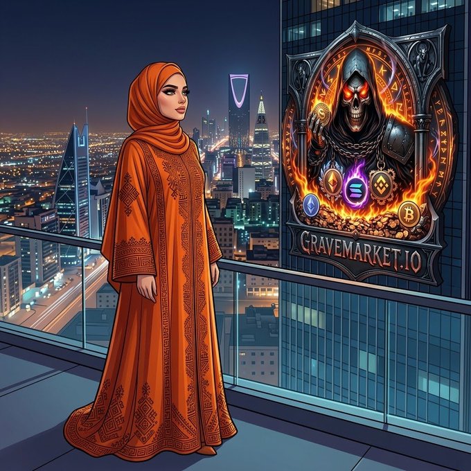 An illustration of a woman in an orange hijab and gown standing on a balcony overlooking a nighttime city, next to a gothic-framed reaper holding coins, with text reading 'GRAVEMARKET.IO'.