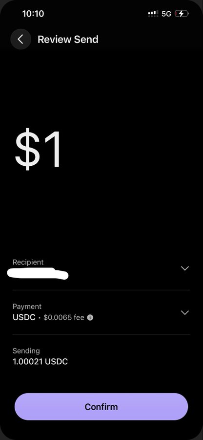 A "Review Send" screen on the Phantom wallet app displays a transaction of $1 USDC with a $0.0065 fee, requiring a total of 1.00021 USDC to send. The image directly supports the post's question by illustrating one of the two screenshots referenced, showing the significantly lower fee associated with sending USDC compared to CASH on the Solana network.