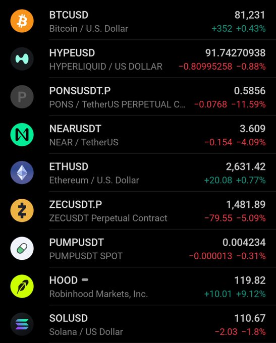 A cryptocurrency trading dashboard displaying BTCUSD at 81,231 (+0.43%), HYPEUSD, PONSUSDT.P, NEARUSDT, ETHUSD at 2,631.42, ZECUSDT.P, PUMPUSDT, HOOD at 119.82 (+9.12%), and SOLUSD at 110.67.