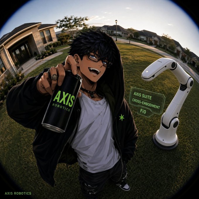 An anime-styled character holds up a black can labeled "AXIS ROBOTICS" while standing beside a white robotic arm displaying a hologram reading "AXIS SUITE / CROSS-EMBODIMENT / F10," with the fisheye suburban backdrop mirroring the post's mention of Axis Robotics unveiling their cross-embodiment F10 robot platform to a broader audience.