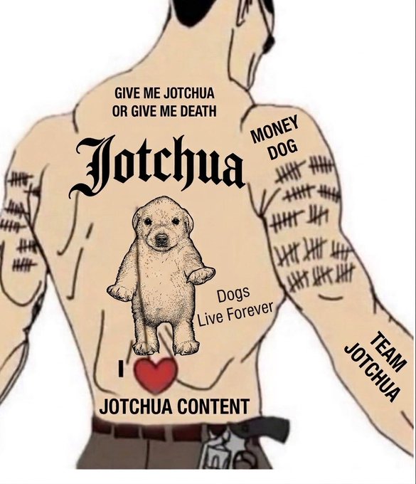 An illustrated graphic showing a muscular man's back covered in tattoos with text reading 'GIVE ME JOTCHUA OR GIVE ME DEATH', 'Jotchua', 'MONEY DOG', 'Dogs Live Forever', 'I [heart] JOTCHUA CONTENT', and 'TEAM JOTCHUA', featuring a central illustration of a standing golden retriever puppy.