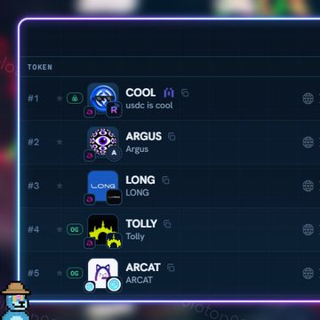 A dark-themed token leaderboard listing cryptocurrencies: #1 COOL (usdc is cool), #2 ARGUS, #3 LONG (LONG), #4 TOLLY, and #5 ARCAT (ARCAT).