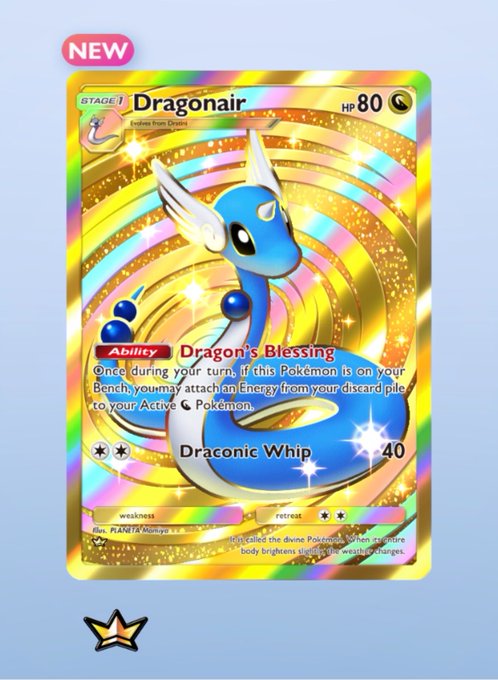 A shiny gold rainbow rare Dragonair Pokémon card, HP 80, featuring the "Dragon's Blessing" ability and "Draconic Whip" attack (40 damage), is labeled "NEW" with a star icon at the bottom—likely the rare pull the user is excitedly sharing with "GUYS."