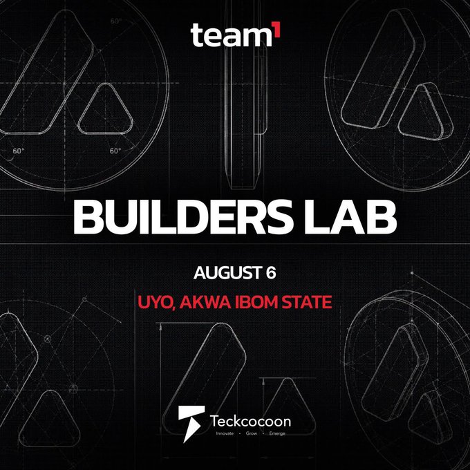 A promotional poster for 'team1 BUILDERS LAB' scheduled for August 6 in Uyo, Akwa Ibom State, sponsored by Teckcocoon ('Innovate • Grow • Emerge'), set against a black background with geometric blueprint designs.