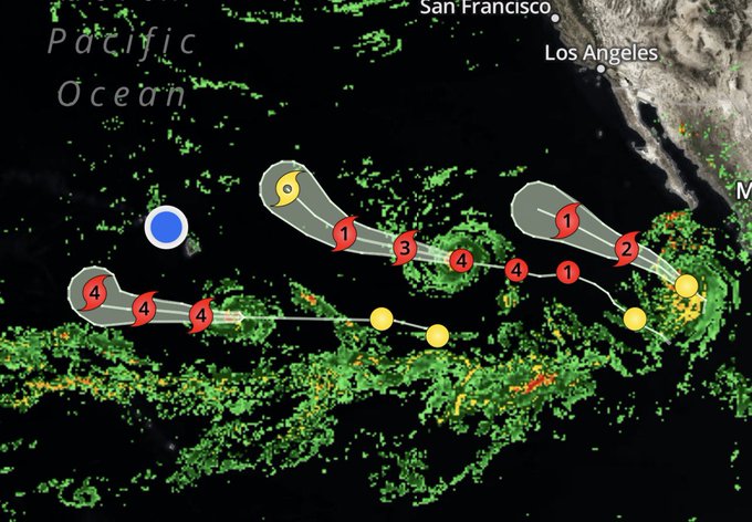 A satellite weather map over the Pacific Ocean shows a tropical storm or hurricane track marked with numbered red symbols (1, 2, 3, 4) indicating storm intensity, with yellow dots showing the projected path moving westward from near Mexico, alongside a blue marker near "San Francisco" and "Los Angeles" - illustrating the dangerous boating conditions referenced in the caption about avoiding boating accidents in severe weather.