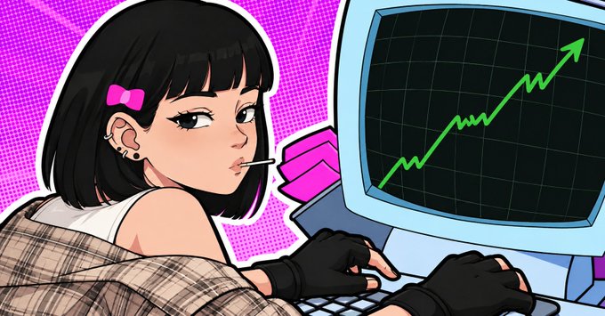 A pop-art style illustration of a girl with a pink bow and lollipop sitting at a computer showing a rising green stock chart.