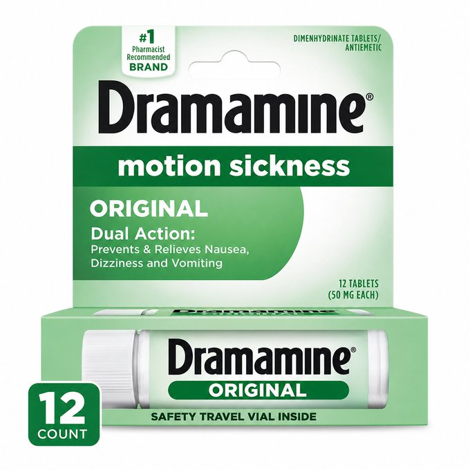 A green package of Dramamine Original motion sickness tablets, containing 12 tablets (50 mg each), labeled as the #1 Pharmacist Recommended Brand with a travel vial inside.