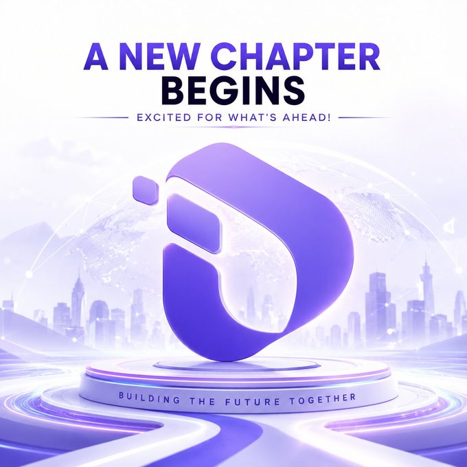 Digital graphic announcing 'A NEW CHAPTER BEGINS' and 'EXCITED FOR WHAT'S AHEAD!' with 'BUILDING THE FUTURE TOGETHER' at the base, featuring a purple 3D logo over a futuristic cityscape.