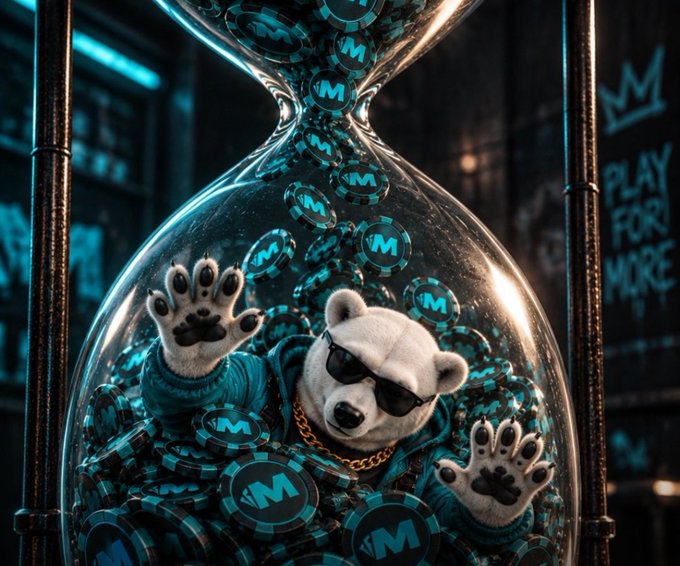 A polar bear mascot wearing sunglasses and a gold chain is trapped inside an hourglass filled with teal 'M' poker chips, with 'PLAY FOR MORE' visible on the wall behind it.