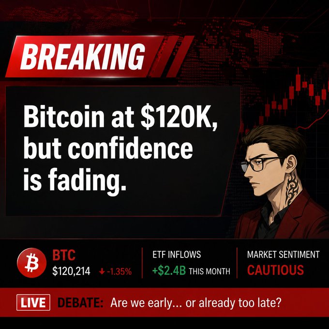 A breaking news graphic reading 'Bitcoin at $120K, but confidence is fading' showing BTC at $120,214 (-1.35%), ETF inflows of +$2.4B this month, and cautious market sentiment.