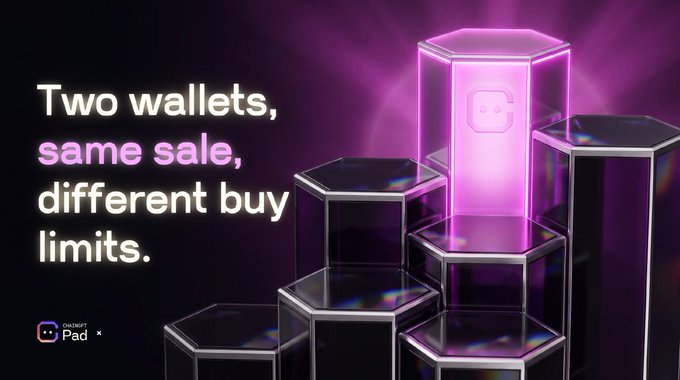 A promotional graphic for ChainGPT Pad features the headline "Two wallets, same sale, different buy limits" alongside glowing translucent purple hexagonal pillars, visually reinforcing how staking $CGPT beforehand secures users a higher allocation tier compared to unstaked participants. The ChainGPT Pad logo appears in the bottom left corner.