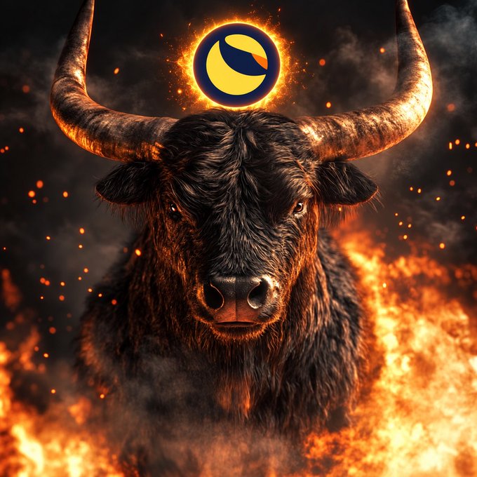 A dramatic illustration of a fierce bull's head emerging from flames, with a yellow and dark blue cryptocurrency logo positioned between its horns.