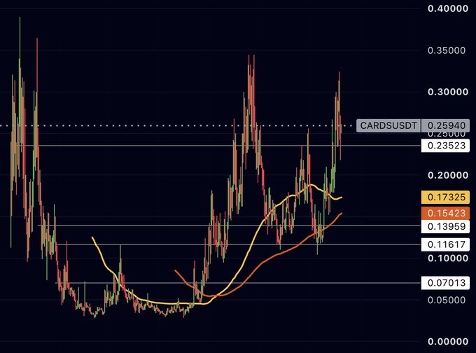 A candlestick chart for CARDSUSDT cryptocurrency showing price movements with moving averages, currently trading around 0.25 with support and resistance levels marked from 0.07013 to 0.25940.