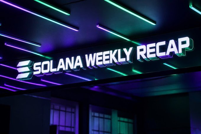 A neon-lit sign reading 'SOLANA WEEKLY RECAP' glows brightly with purple and green lights against a dark ceiling.