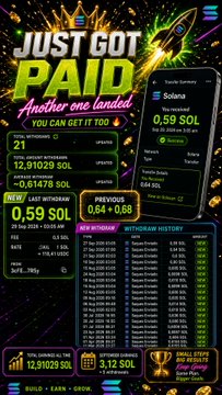 A promotional graphic titled 'JUST GOT PAID' with the subtitle 'Another one landed YOU CAN GET IT TOO' showcasing Solana ($SOL) cryptocurrency earnings, displaying metrics like '0.59 SOL', '12,91029 SOL' updated, and '4% = 0.58 SOL' in a betting/rewards dashboard layout.