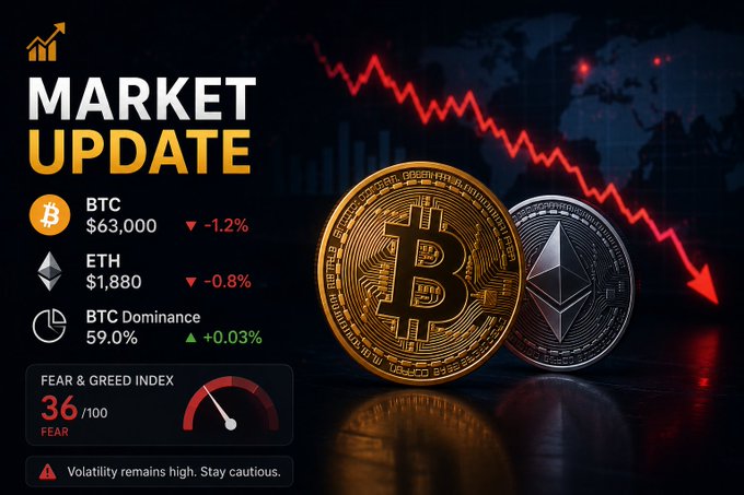 A crypto market update graphic showing BTC at $63,000 (-1.2%) and ETH at $1,880 (-0.8%), with BTC dominance at 59.0% (+0.03%) and a Fear & Greed Index of 36 indicating fear, accompanied by a downward red trendline and a caution warning about high volatility. The image visually reinforces the post's message of cautious sentiment and ongoing price pressure on Bitcoin amid regulatory uncertainty and weak ETF demand.