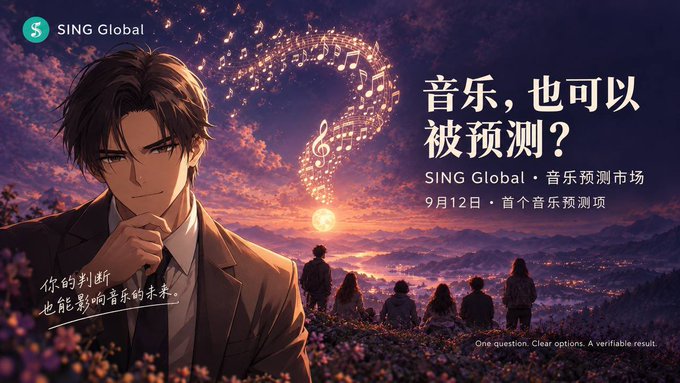 The image is an anime-style promotional banner for SING Global featuring a handsome man in a suit alongside a sunset landscape with silhouettes of people looking out, accompanied by Chinese text promoting their music prediction market launching September 12th, where users can forecast chart performance—directly tying into the post's concept of making music discussions interactive through prediction rather than just sharing preferences.