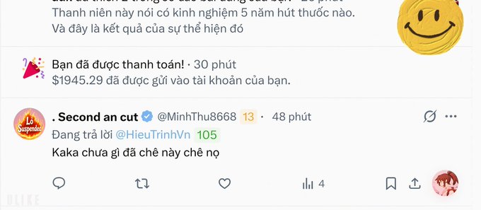 A screenshot of a Vietnamese social media or payment notification showing a payment confirmation for $1945.29 and a reply from a verified user named ". Second an cut" (@MinhThu8668).