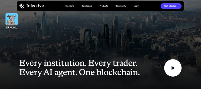 Injective website banner reading 'Every institution. Every trader. Every AI agent. One blockchain.' with a @kylobtc handle in the corner.