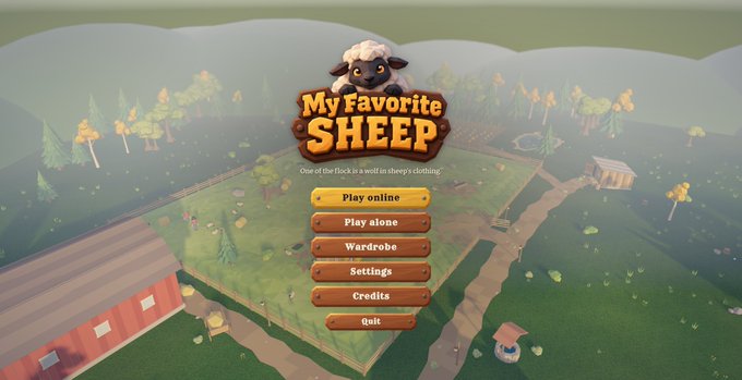 The main menu screen of a game called "My Favorite Sheep" with the tagline "One of the flock is a wolf in sheep's clothing," featuring menu options for Play online, Play alone, Wardrobe, Settings, Credits, and Quit against a pastoral farm background.