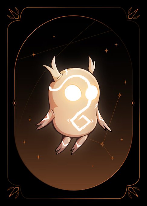 A glowing tan creature with horns and glowing white markings floats within an ornate dark card frame, surrounded by faint stars and constellations.