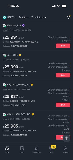A screenshot of a cryptocurrency P2P trading app displaying USDT sell offers priced around 25,985 to 25,991 with various Vietnamese users like 'GDNhanh-P2P' and payment methods including MoMo and VNPAY.