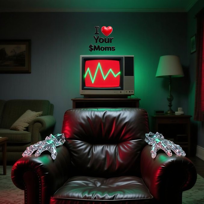 A dark living room scene featuring a leather armchair with crystalline "diamond hands" resting on the armrests, facing a retro TV displaying a red chart pattern, with wall text reading "I ♥ Your $Moms."

This imagery visually reinforces the post's "Diamond Hands Bring Diamond Rings" theme by depicting literal crystal/diamond hands poised in a living room setting, symbolizing the steadfast HODL mentality central to the $Moms crypto meme community on Solana.