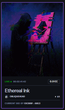 A dark NFT auction interface displays a pixelated artwork titled "Ethereal Ink" by OBLIQUEHEAD, currently bidding at 0.013 ETH, showing a shadowy hooded figure painting a glitching pink portrait on an easel.