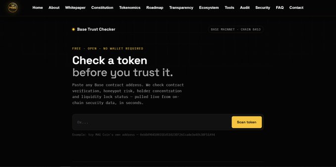 A dark-themed website landing page for a 'Base Trust Checker' tool on the BASE MAINNET · CHAIN 8453, featuring a prompt to 'Check a token before you trust it' with a search bar and yellow 'Scan token' button.