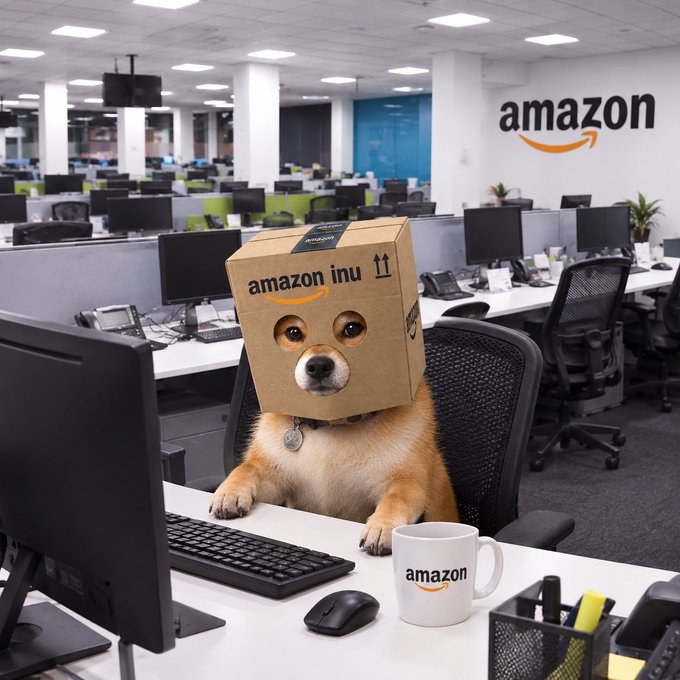 A Shiba Inu dog wearing an Amazon cardboard box on its head, sitting at an office desk in front of a computer, with an Amazon mug on the table and the Amazon logo on the wall.