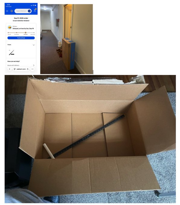 A collage showing a Walmart delivery notification for an order delayed from Sep 18-19, alongside photos of a delivered package left in a hallway and an empty cardboard box.